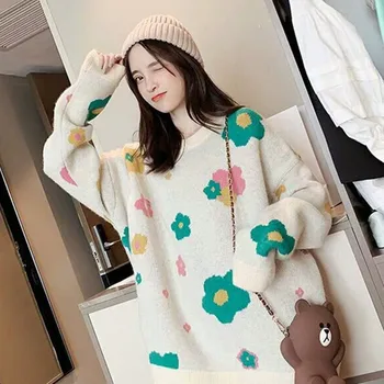 

Pullover sweater female jacket Korean version of the loose color matching wild student sweater