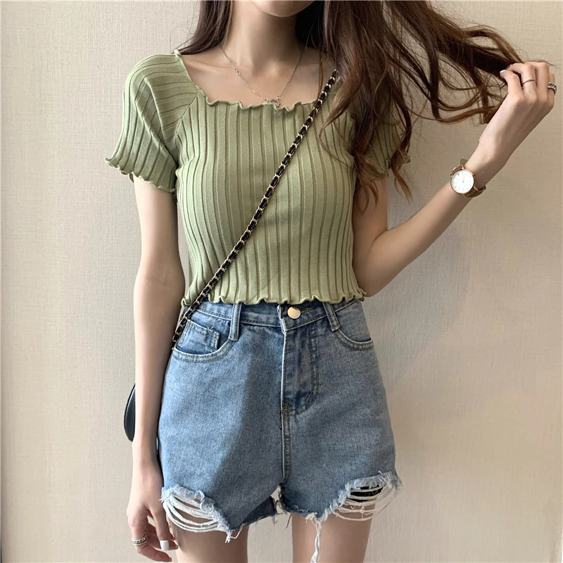 HELIAR Women Off Shoulder T-shirts Knitting Crop Tops Women Short Sleeve Cute Ruffles Hem T-shirts For Women 2021 Summer