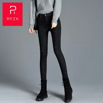 

Rfzk Jeans Women High Waist Jeans High Elastic plus size Stretch Jeans female washed denim skinny Plus Cashmere pencil pants