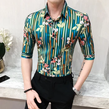 

High Quality Summer Men Striped Shirt Fashion 2020 Streetwear Half Sleeve Mens Casual Shirts Slim Fit Night Club Tuxedo Men 3XL