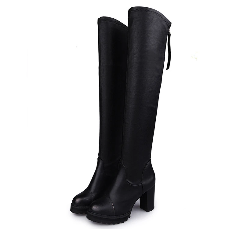 

2019 SLIM FIT Leather Over Knee High Boots Women Stretch Thigh Boots Med Heel Autumn Winter Boots Brown Shoes Sexy Warm