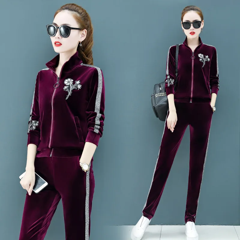 Runway Velvet Set Women Tracksuit Floral Embroidery Jacket Top and Pants Suit Female Leisure Two Piece Sets Sportswear Outfits | Женская