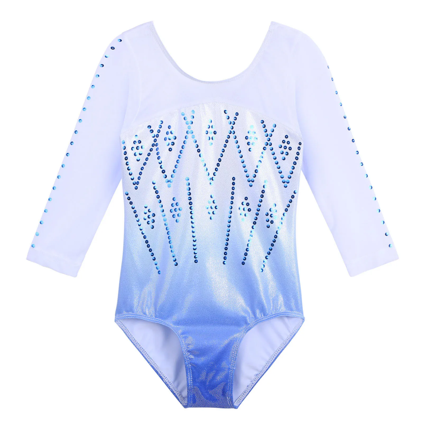 

BAOHULU Teens Three-Quarter Sleeve Leotard for Gymnastics Girls Sparkle Sequin Gradient Blue Ballet Clothes Ballerina Dance Wear