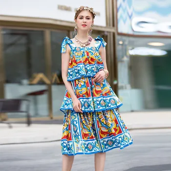 

zou xiu kuan 2019 Spring and Summer New Women's Blue-and-White Porcelain with the Printing Long Strap Meringue Vacation Dresses