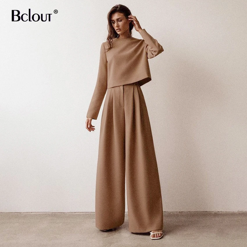 Bclout Fashion Brown High Waist Women Pants 2021 Elegant Basic Wide Leg Pants Autumn Casual Loose Long Trouser Solid Button Lady