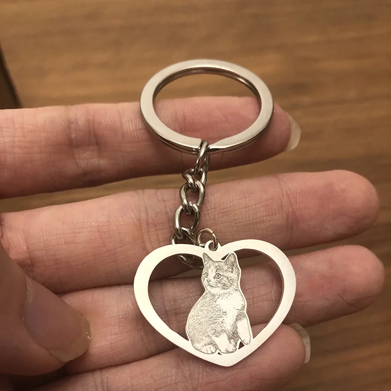 

New Custom Animal Cat Pets Keychains Women Stainless Steel Hollowed Heart Shape Keyrings 3.5CM Jewelry Engraved Jewelry Gifts