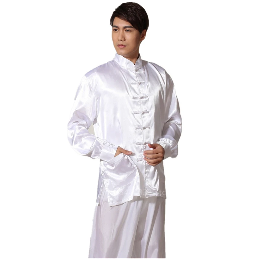 Китайская Новогодняя одежда для мужчин, сатиновые однотонные костюмы Wu Tang Clan с длинным рукавом, традиционный Cheongsam, топ и штаны, комплект одежды