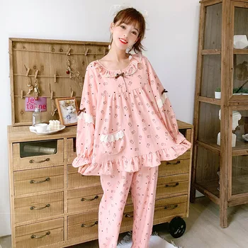 

Autumn Print Cotton Women Pajamas 2pcs Set Long-sleeve Lace Ruffle Stitching Pyjamas Casual Sweet Loose Home Princess Nightsuit