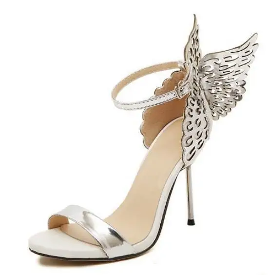 Брендовые женские туфли-лодочки; женские туфли-лодочки на высоком каблуке с крыльями бабочки; пикантные босоножки на высоком каблуке с открытым носком; вечерние женские туфли; E225 - Цвет: Серебристый