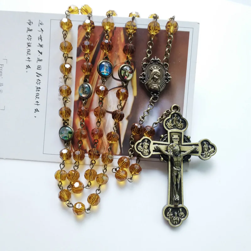 Kristallglas-Rosenkranz-Halskette, Meditation, Gebetsperlen, Kruzifix, Kreuz, Dreifaltigkeit, Apostel, Medaille Unserer Lieben Frau, religiöse Konfirmationsgeschenke – Detail 2