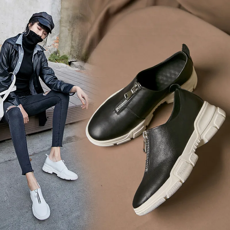 

2019 Spring New Style Casual Shoes Women's Versatile Shoes round-Toe Zipper Soft Leather Platform Shoes Deep Mouth Leather Shoes