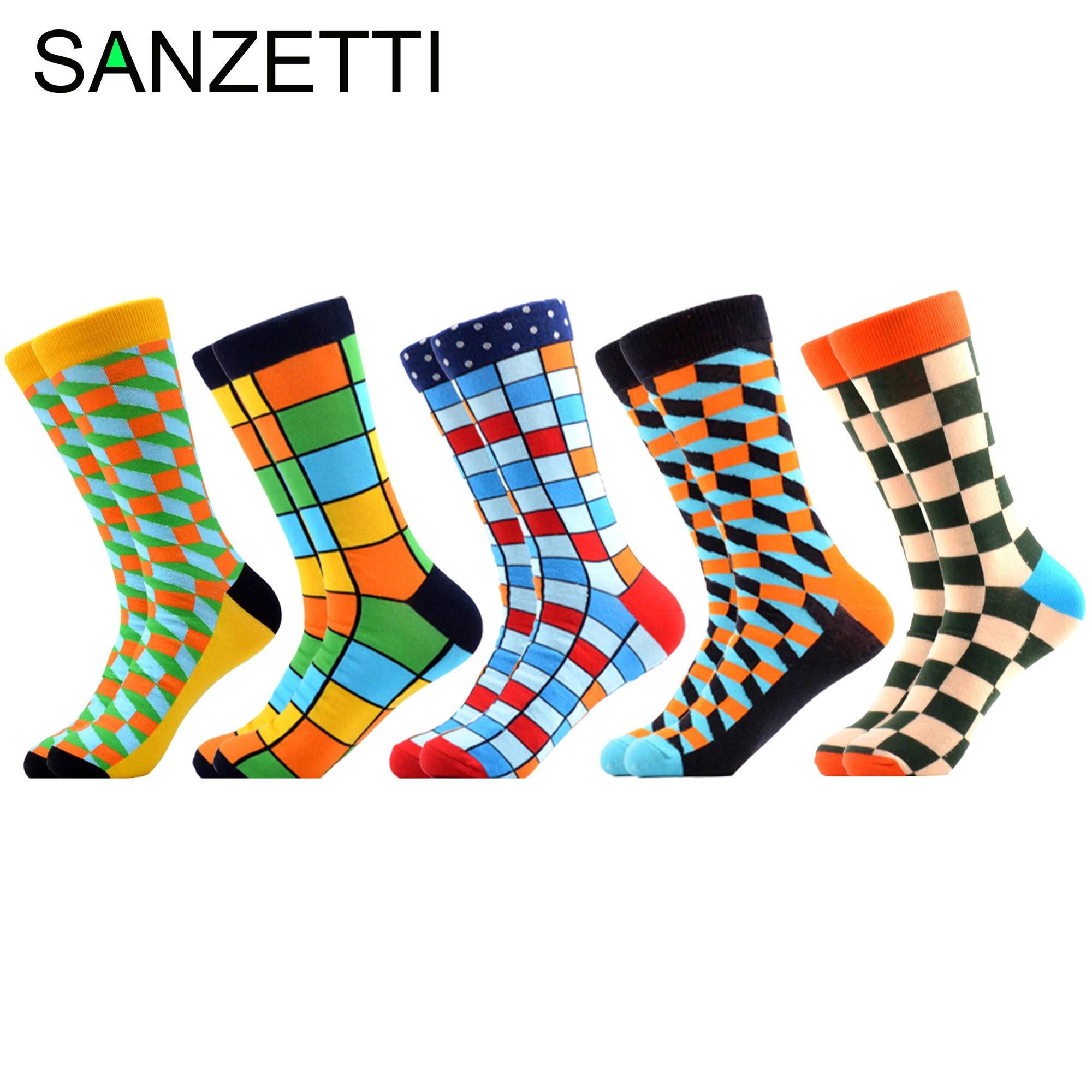 SANZETTI, 5 пара/лот, цветные мужские повседневные носки из чесаного хлопка для свадьбы, Веселые носки в стиле хип-хоп, новинка, яркие носки в клетку