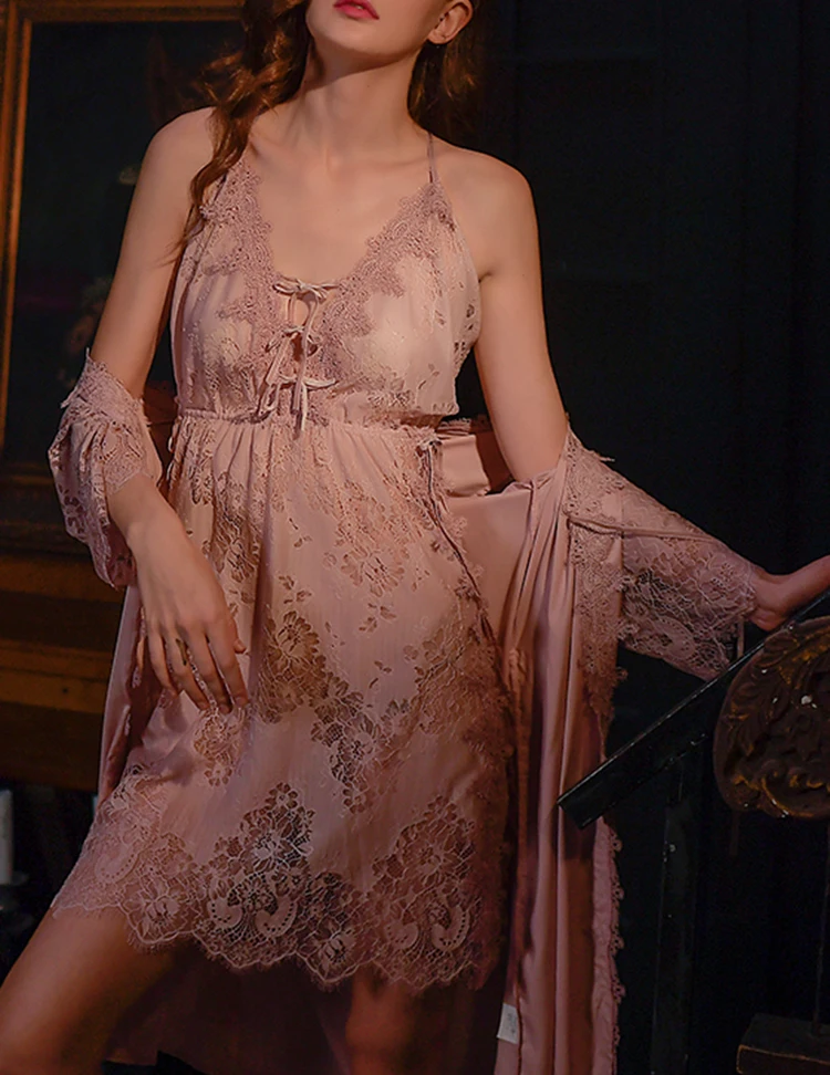 CINOON Sexy Lace Women Sleepwear Sets sleeveless backless Embroidery  Sleepshirt &Robe Adjustable Shoulder Strap Nightdress (4)