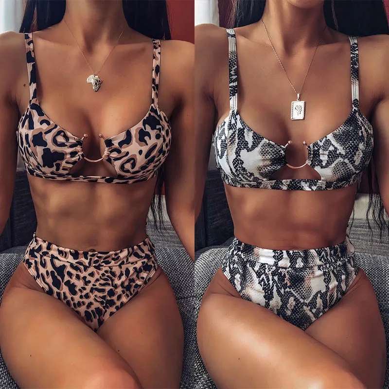 Bikini brasileño de cintura alta para mujer, traje de baño Sexy con estampado de leopardo, conjunto de Bikini con anillo, traje de baño de 2 piezas para verano 2021