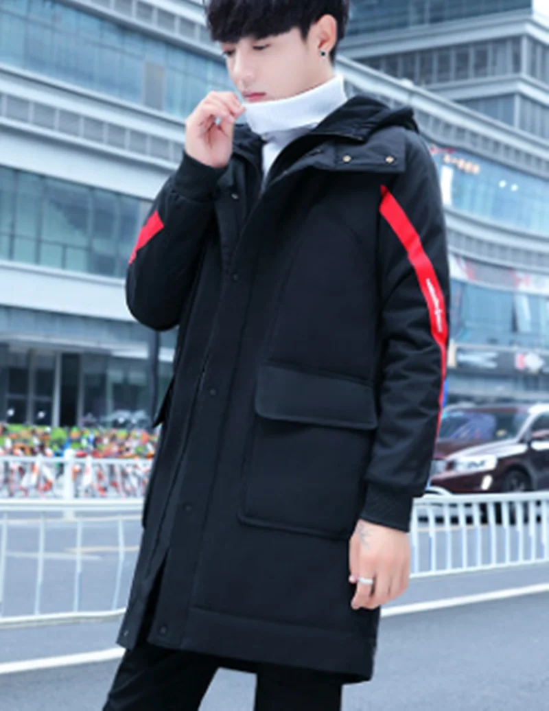 

Korean Trend Men Down Jacket Handsome Personality Medium Length Monclair Winter Cotton Hooded Thickened Coat