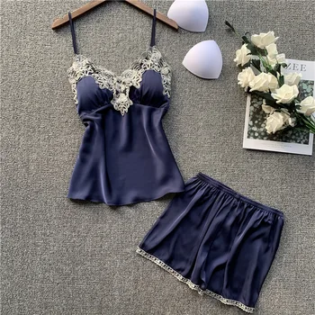 

Sexy Ice Silk Pajamas Women's Imitation Silk Suspender Pajamas Shorts Two-piece Lace Pajamas Home Clothes