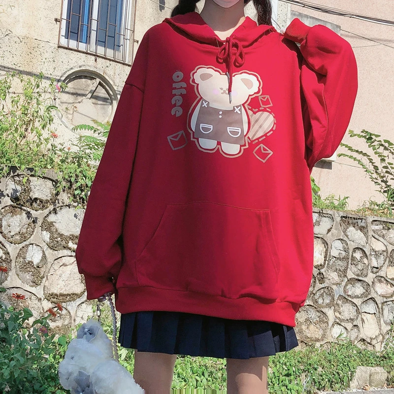 

Girls Loose Hoodies Female Adorable Bear Cartoon Sweatshirts Teen Girls Sweet Pullovers Kawaii Cartoon Tops Clothes for Women