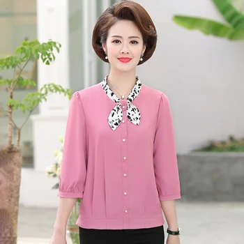 

Spring Summer 2020 Women Pink Shirt 3/4 Sleeve Shirts Korean Bow Collar Women Streetwear Slim Chiffon Blouse Elegant Ladies Tops