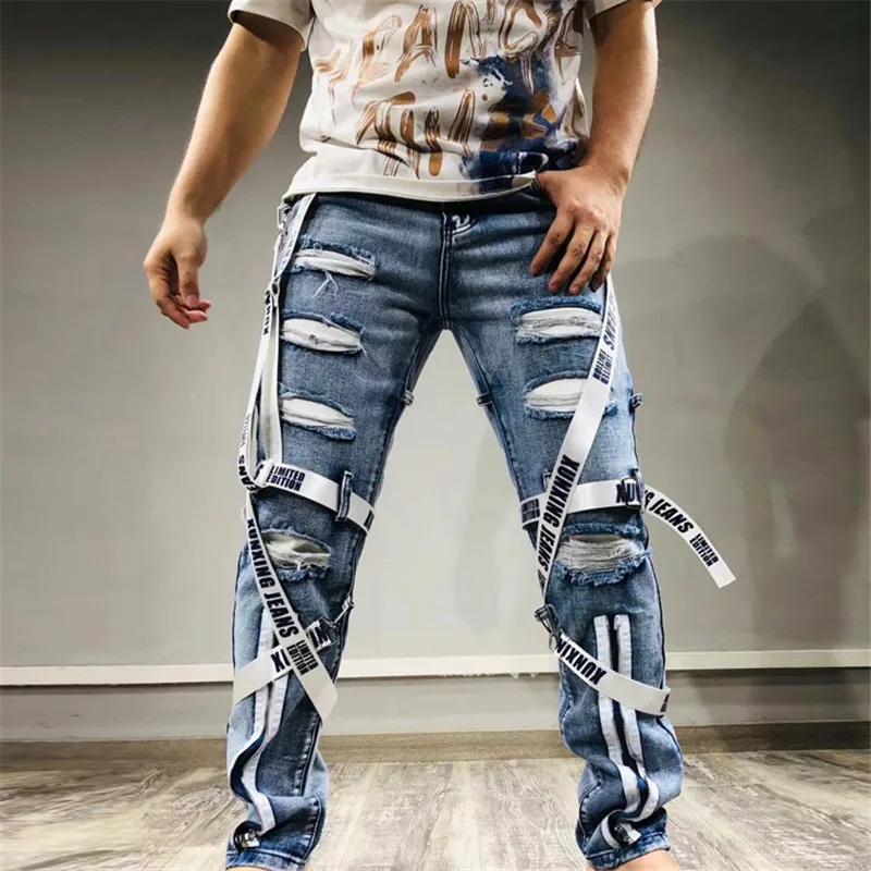 

Y2K Весенние новые мужские джинсовые брюки с нашивками на молнии, рваные джинсы Techwear, винтажные узкие джинсы в стиле хип-хоп