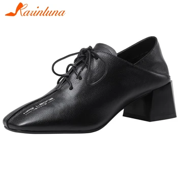 

Karinluna 2020 New Design Genuine Cow Leather Chunky Heels Black Shoes Woman Pumps Lace Up Square Toe Pumps Women Shoes