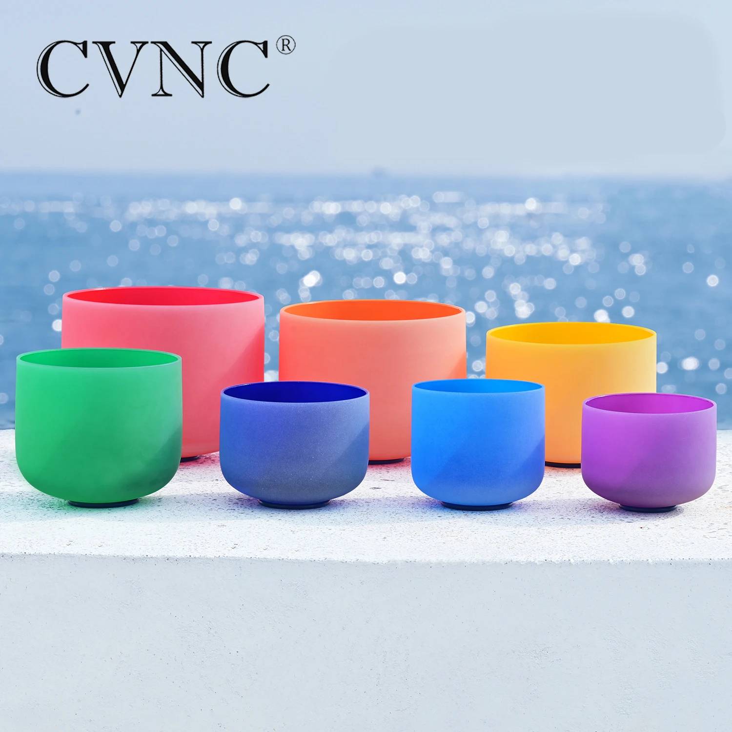 Cvnc 8-14 Inch Colored Frosted Quartz Crystal Singing Bowl Set Of 