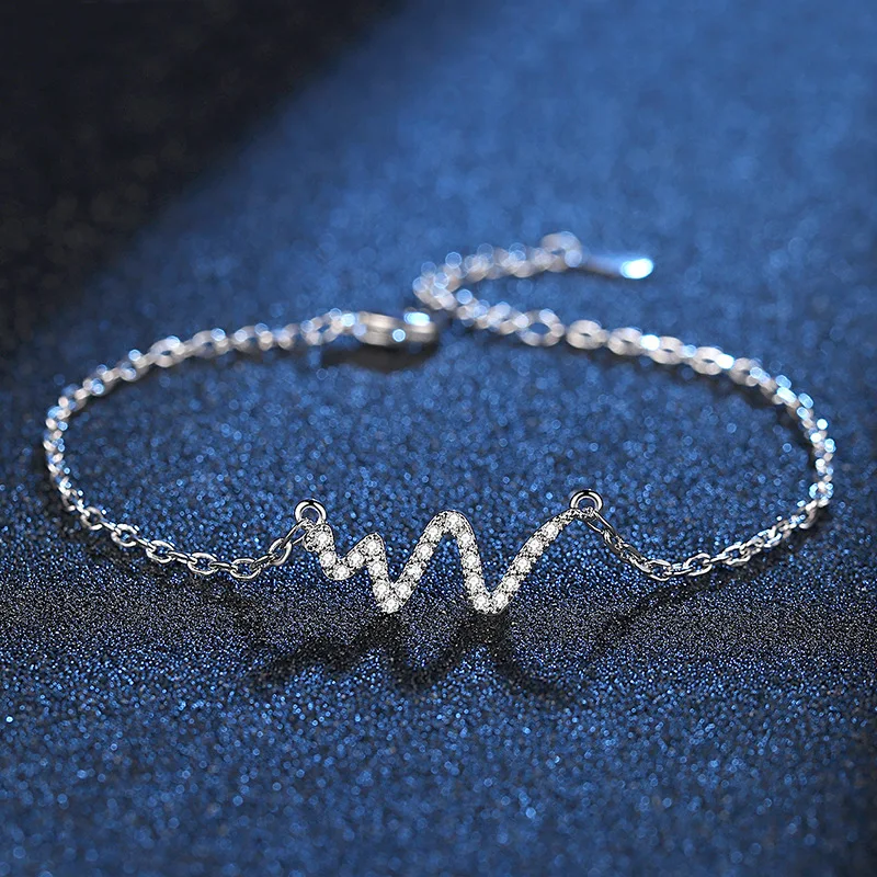 Luxury Crystal Bracelet 925 Heartbeat Wave Sterling Silver Women Ladies Shining Cubic Zircon Chain Link Jewelry | Украшения и