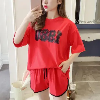 

Women Summer Two-Piece set Loose Simple Number Letter Print Short-sleeved Round Neck Tops+ Solid Color Shorts Women Suit hc