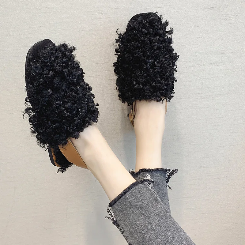 

Shoes Without Heel Slippers Fur 2019 New Women Slides Fashion Flock Flat Plush Luxury Soft Rome Basic Rubber Autumn with
