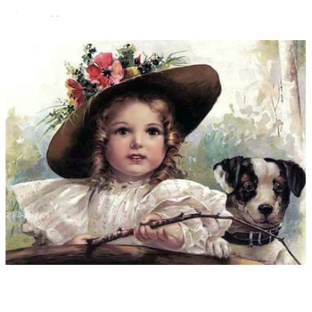 

5d Diamond Painting Little girl Pet Puppy Wall Art Cross Stitch Picture Retro Home Decal Room Decor Full Round Drill Embroidery