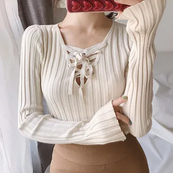 

Sweet Drawstring Tops Bow Tie Women Sweater Tops Spring Autumn Knitwear Solid Color Sexy V Neck Loose Long Sleeve Sweater*