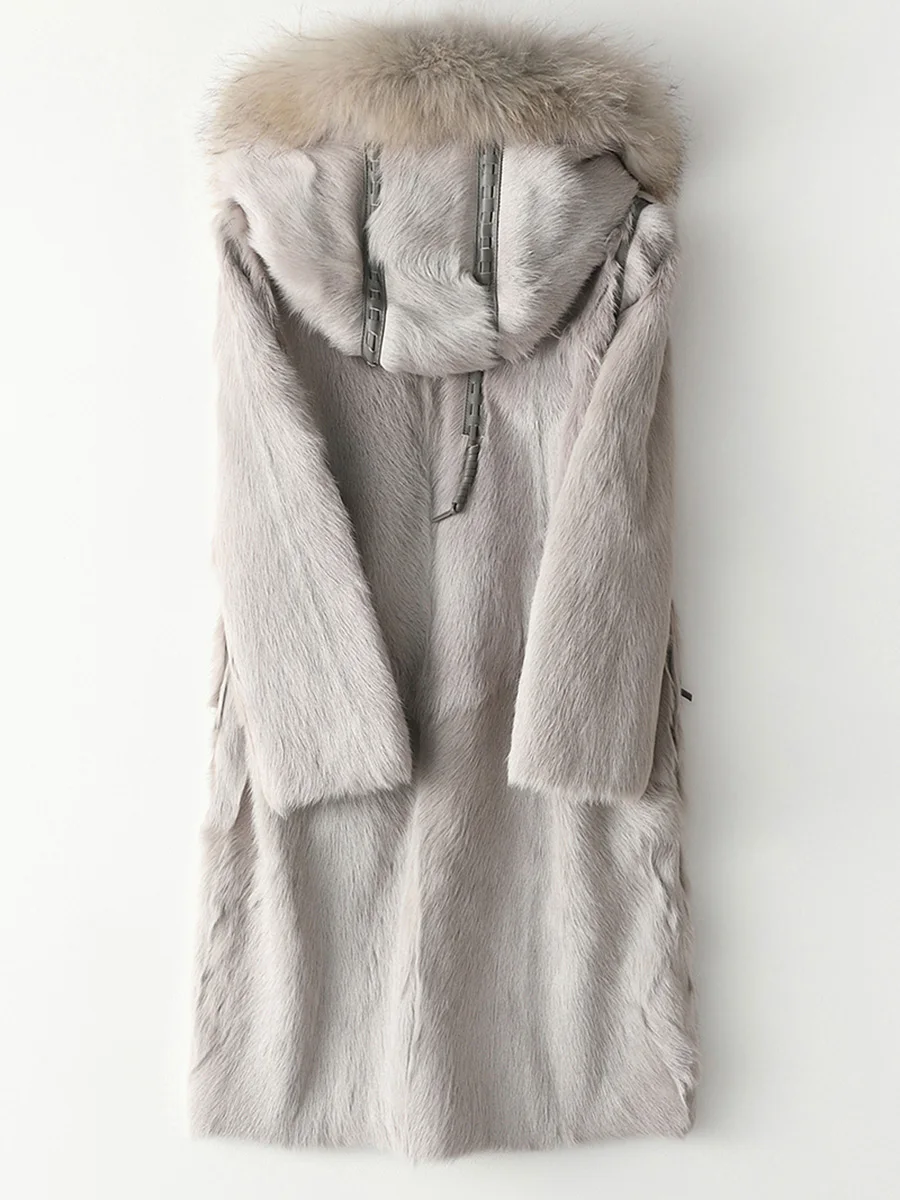 Женское зимнее пальто с натуральным мехом, пуховик из меха енота, одежда с капюшоном,, винтажное длинное двустороннее меховое пальто Hiver 090310
