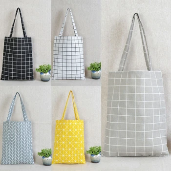 

Fashion Reusable Shopping Canvas Tote Bag Women Cotton Linen Single Shoulder Bags Check Plaid Female Flax Grocery Bag