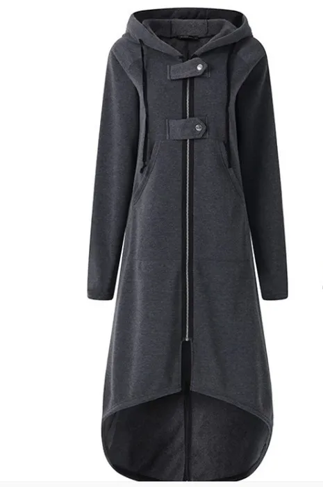 Модная женская ветровка, одноцветная, с капюшоном, с неровным подолом, с длинным рукавом, на молнии, на кнопках, длинная куртка, пальто, верхняя одежда, Женское пальто - Цвет: Темно-серый