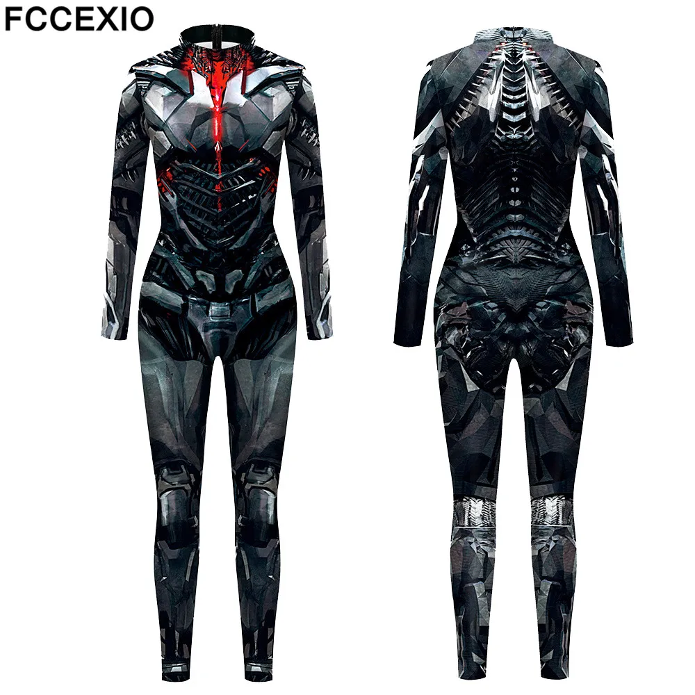 FCCEXIO Justice Heroes Steel Skeleton Pattern 3D Print Sexy Bodysuits Women  Long Sleeve Cosplay New Party Jumpsuit