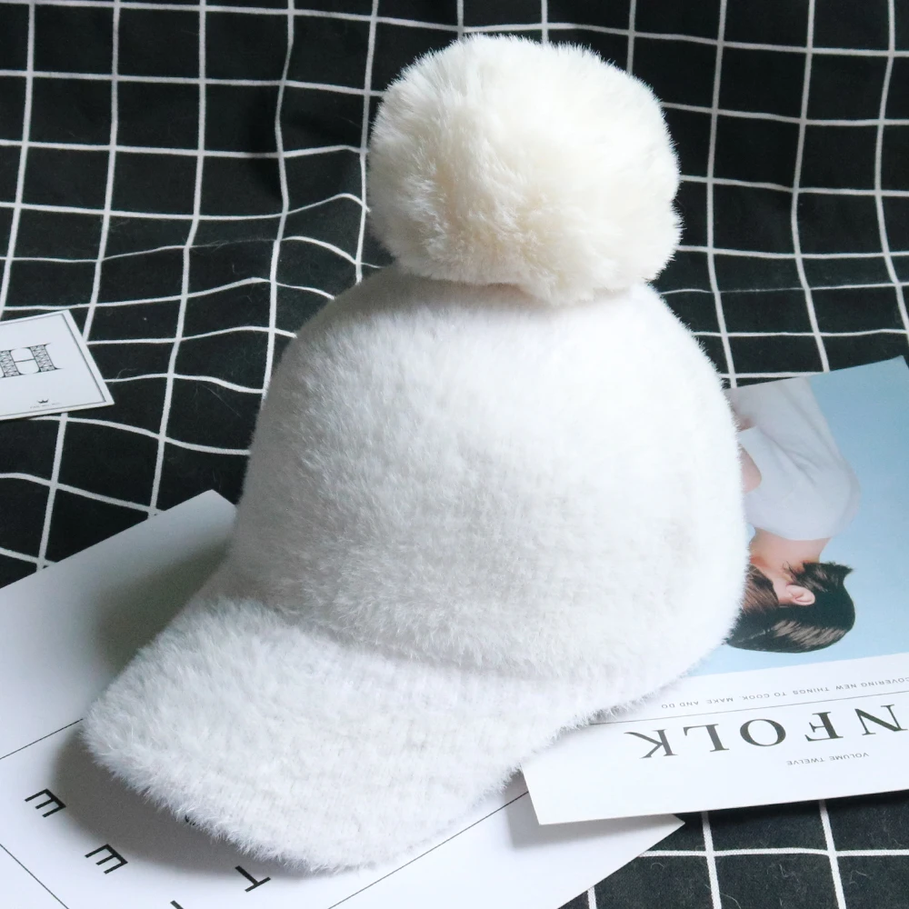 Осень-зима женские винтажные норковые меховые бейсболки Gorro; теплый лыжный бейсболка для девочки с имитацией лисьего меха помпоном Новинка
