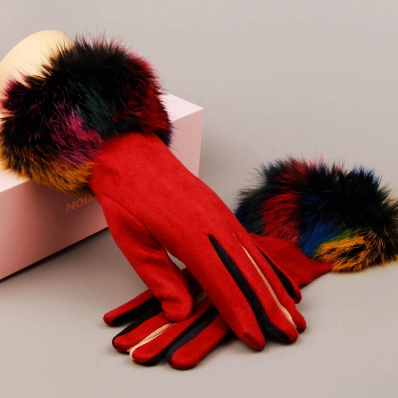Элегантные женские перчатки роскошные меховые перчатки с сенсорным экраном Зимние Замшевые Кожаные теплые варежки женские уличные перчатки для вождения luvas - Цвет: Красный