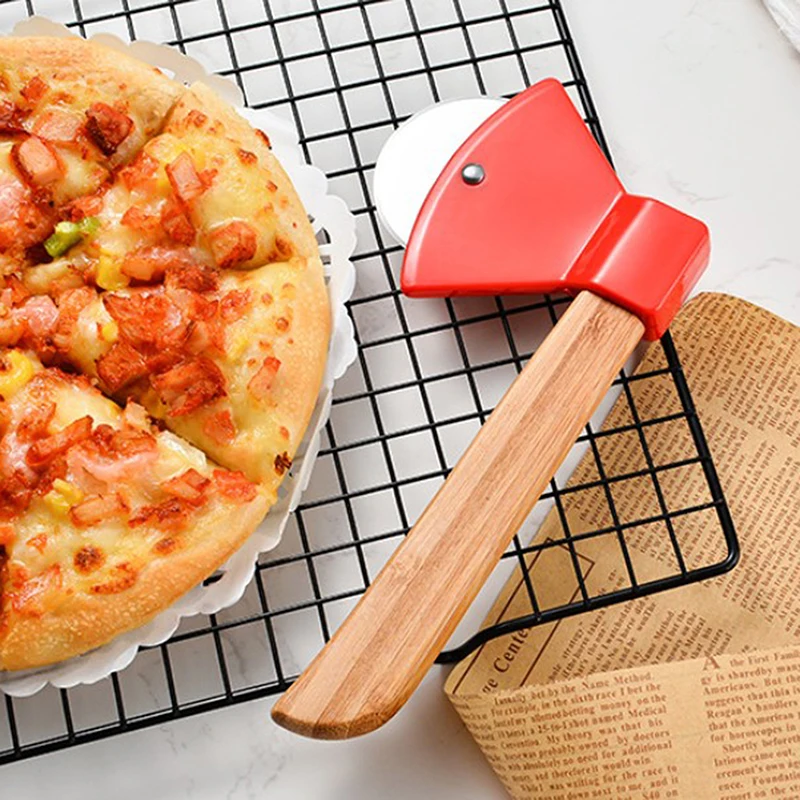 Axe Bamboo Handle Pizza Cutter Rotating Blade Home Kitchen Cutting Tool | Дом и сад