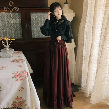 

YOSIMI Two Piece Outfits 2020 Spring Black Full Sleeve Blouse Top and Striped Skirt and Top Set Suit Long Sleeve Shirt Women