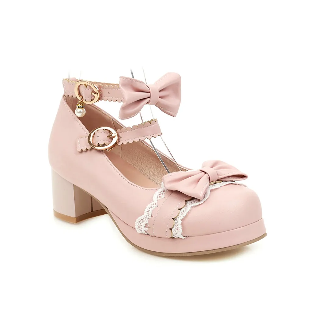 Lolita Girls Mary Janes Shoes Bowknot Princess Ruffles Japan Sweet Bride Wedding Party Dress Pumps Cosplay Pink Plus Size 34-48