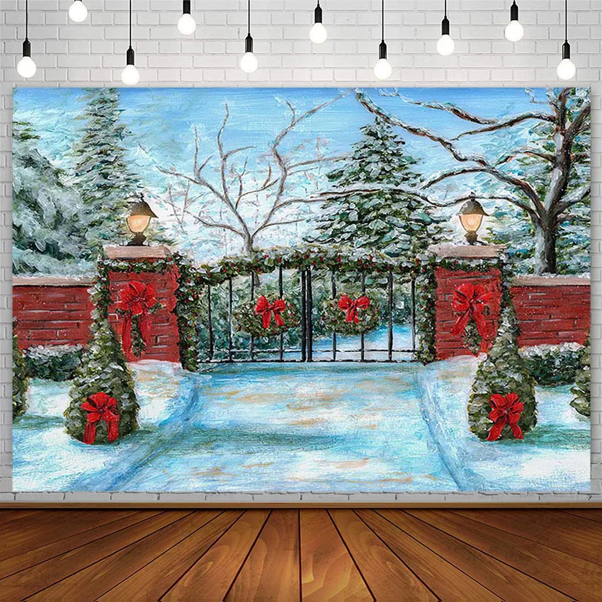 

Фон для фотосъемки Avezano Рождественские елки снежные огни красная кирпичная стена забор ворота зимний фон фотостудия фотозона