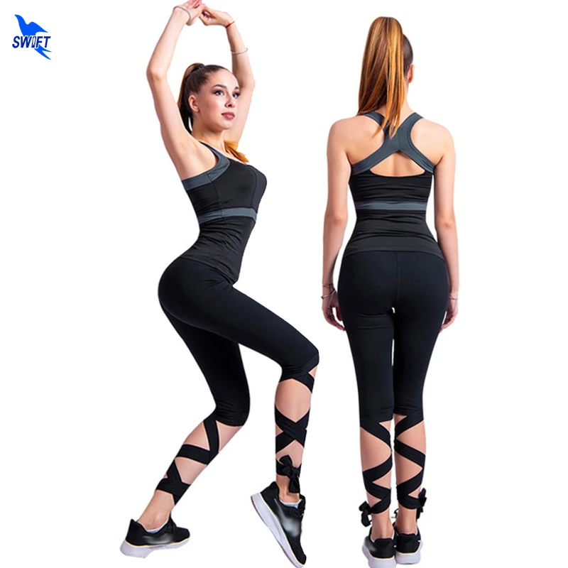 

High Waist Women Capris Leggings+Sports Bra 2 Pcs Yoga Set Elastic Quick Dry Bandage Gym Fitness Cross Tie Tights Running Set