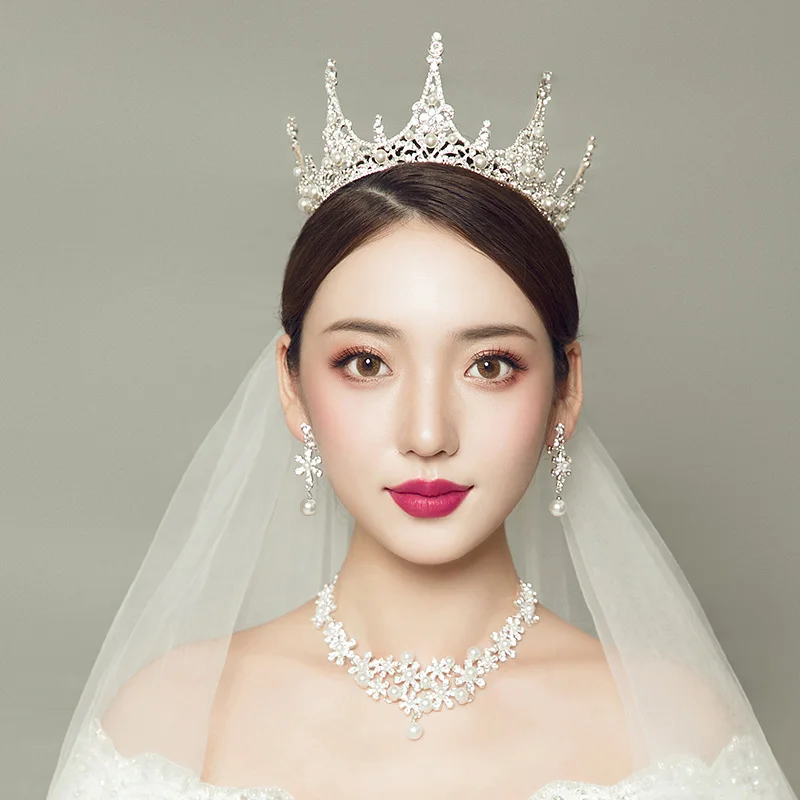 Новые женские корейские свадебные комплекты ювелирных изделий полный круг круглая корона жемчужная тиара свадебное ожерелье набор ювелирных изделий для вечерние ювелирные изделия для волос