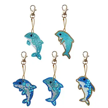 

5pcs DIY Full Drill Diamond Painting Dolphin Pendants Panda Dog Shaped Key Chain Craft Accessories Gift for Children