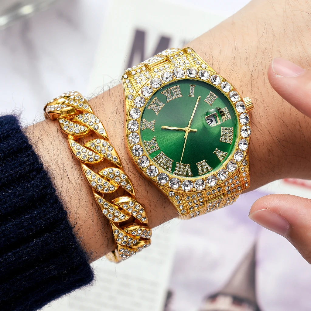 2 Pcs Watch+bracelet Hip Hop Stainless Steel Gold Color Calendar Watch For Men Iced Out Paved Rhinestones Men Watch Reloj Hombre