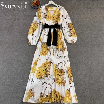 

Svoryxiu Runway Designer Female Summer V Neck Print Vintage Dress Ladies Lantern Sleeve Bow Belt Elegant Party Long Dresses