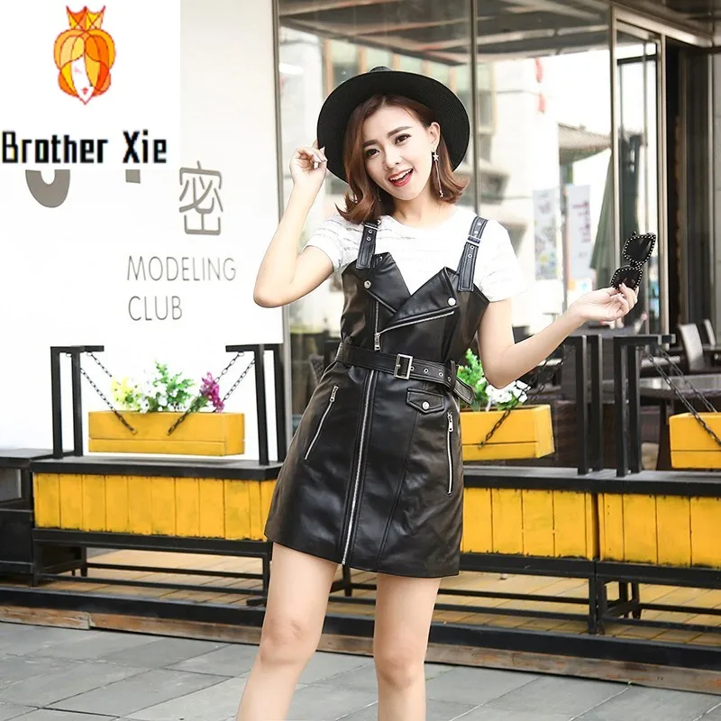 

Spring Dress Women Black Sashes Zipper High Waist Sexy Club Mini Short Leather A-Line Dress Clothes Korean Style Fashion