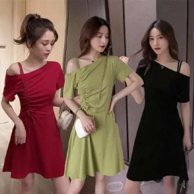 

2020 Summer New Style Avocado Green Korean-style Drawstring off-Shoulder Dress Women's MORI Series Immortal Mustard Platycodon G