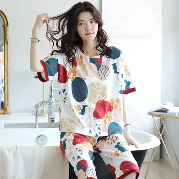 

Pajama Women's Summer Thin Pure Cotton Printing Short Sleeve Capris Loose Casual Japanese Cotton Household Suit