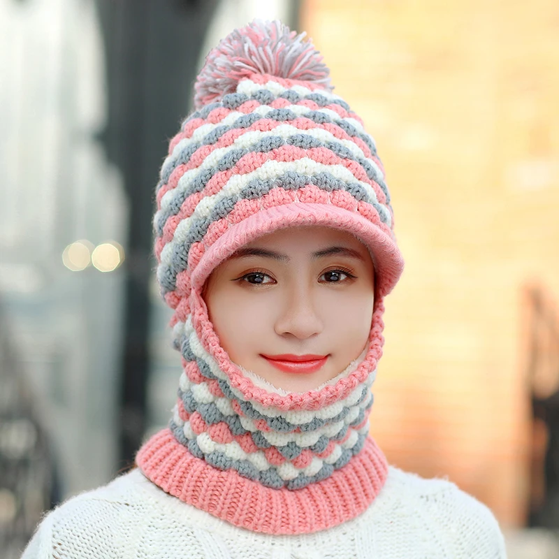 Женская зимняя Балаклава, вязаные шапки с полями, женская шапка, маска для шеи, теплый вязаный козырек, шапочки, шапка с ананасом - Цвет: Pink