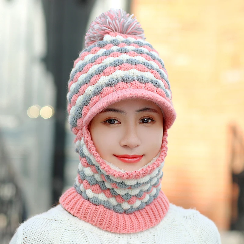 Pink Женская зимняя Балаклава, вязаные шапки с полями, женская шапка, маска для шеи, теплый вязаный козырек, шапочки, шапка с ананасом - Цвет: Pink